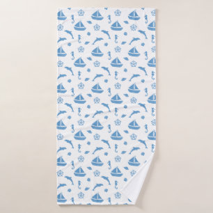 Boats and Dolphins Nautical Pattern Blue White Bath Towel