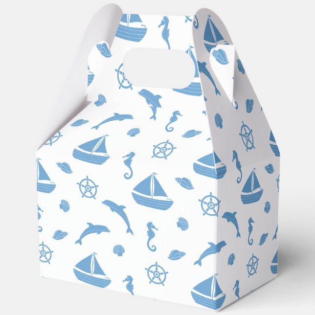 Boats and Dolphins Nautical Pattern Blue White Favour Box (Front)