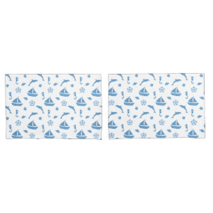 Boats and Dolphins Nautical Pattern Blue White Pillowcase