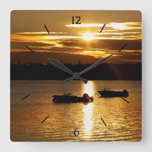 Boats and Fiery Sky Square Wall Clock
