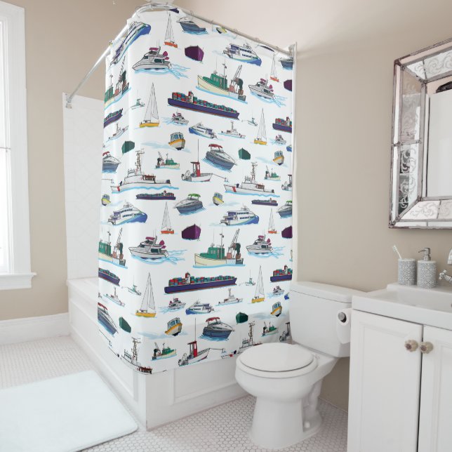 Boats and Ships Illustration Random Pattern Shower Curtain (In Situ)