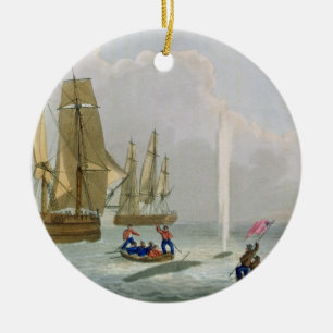 Boats Approaching a Whale, engraved by Matthew Dub Ceramic Tree Decoration