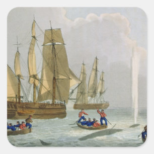 Boats Approaching a Whale, engraved by Matthew Dub Square Sticker
