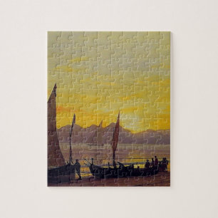 Boats Ashore at Sunset, Albert Bierstadt. Jigsaw Puzzle