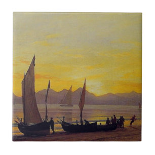 Boats Ashore at Sunset, Albert Bierstadt. Tile