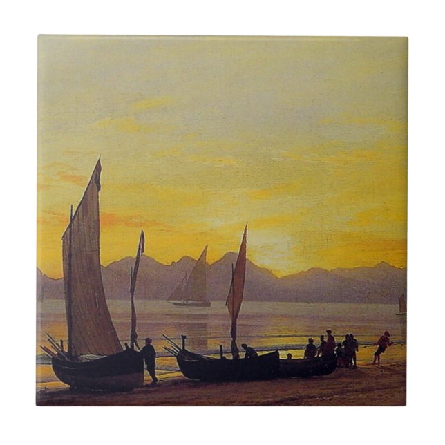 Boats Ashore at Sunset, Albert Bierstadt. Tile (Front)