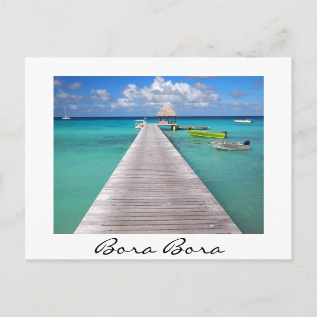 Boats at a jetty in Bora Bora white postcard (Front)