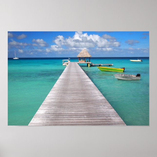 Boats at a jetty in the Pacific Poster (Front)