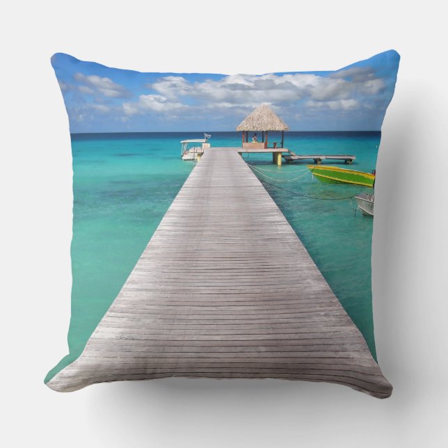 Boats at a jetty in the Pacific throw pillow (Front)