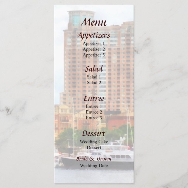Boats at Inner Harbour Baltimore MD Wedding Menu (Front)