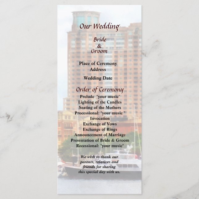 Boats at Inner Harbour Baltimore MD Wedding Progra Program (Front)