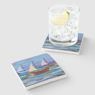 Boats at sea fleece blanket throw pillow stone coaster