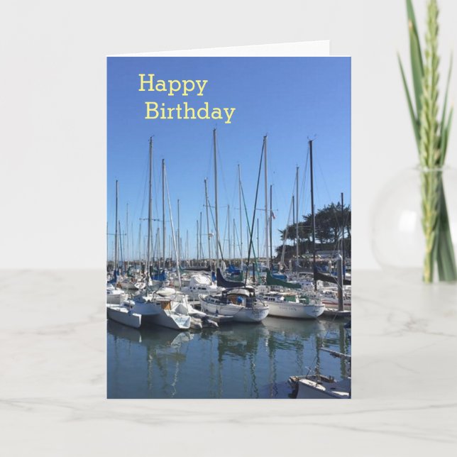 Boats in Harbour Happy Birthday Greetings Card (Front)