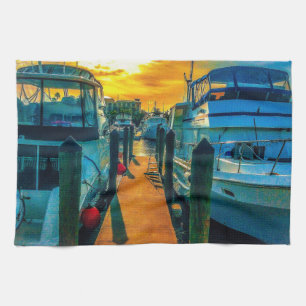 Boats in the Harbour Sunset Tea Towel