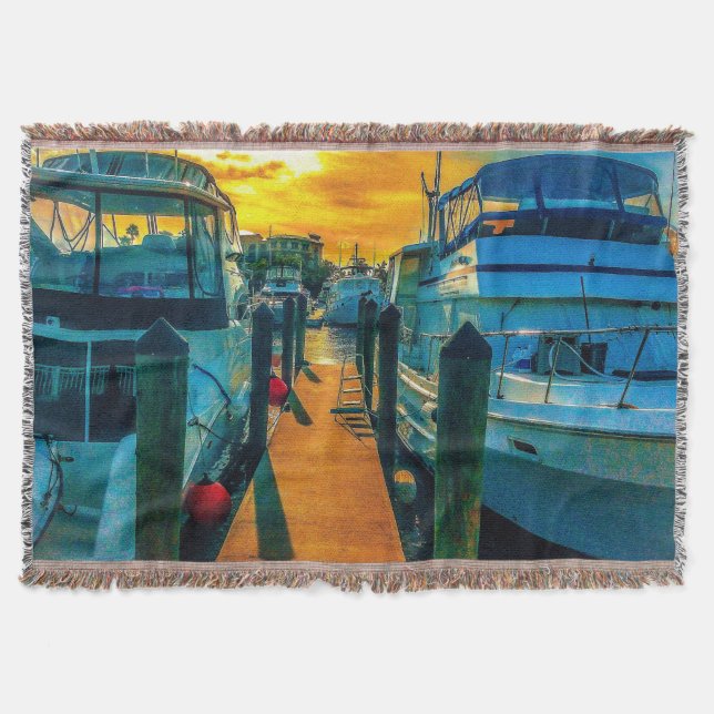 Boats in the Harbour Sunset Throw Blanket (Front)