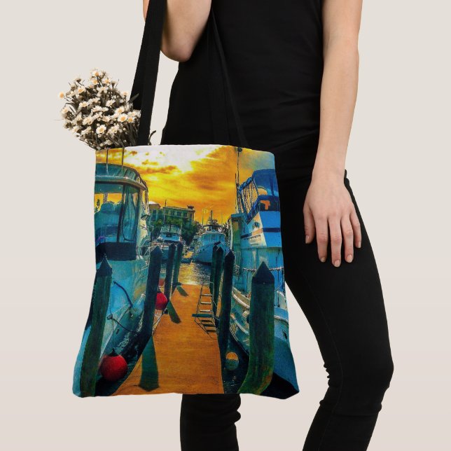 Boats in the Harbour Sunset Tote Bag (Close Up)