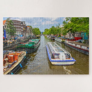 Boats on canal in Amsterdam, Netherlands Jigsaw Puzzle
