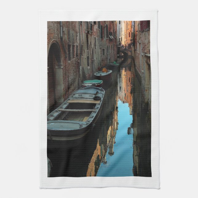 Boats on Canal Water Venice Italy Buildings Tea Towel (Vertical)