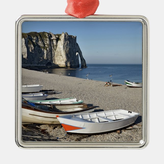 Boats on pebble beach of Etretat Metal Ornament (Front)