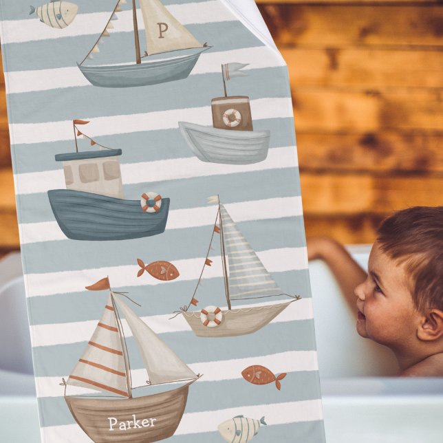 Boats on the water towel set with name (Creator Uploaded)
