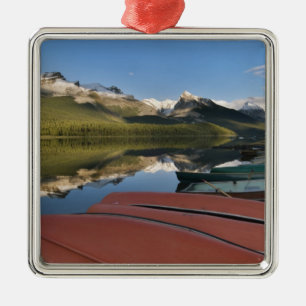 Boats parked on the lakeshore of Maligne Lake, Metal Ornament