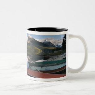 Boats parked on the lakeshore of Maligne Lake, Two-Tone Coffee Mug