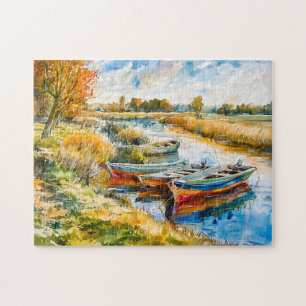 Boats Resting by the River Havelland Watercolor Jigsaw Puzzle