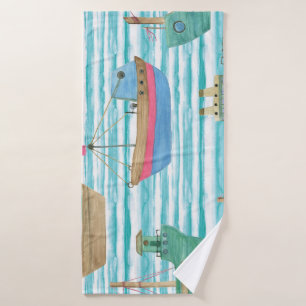 Boats Stripes: Watercolor Painting Pattern. Bath Towel