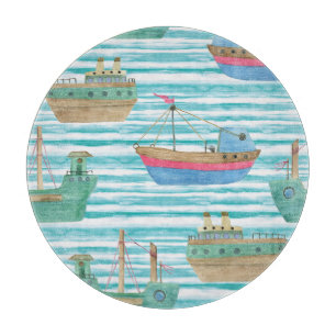 Boats Stripes: Watercolor Painting Pattern. Cutting Board
