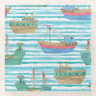 Boats Stripes: Watercolor Painting Pattern. Glass Coaster