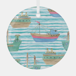 Boats Stripes: Watercolor Painting Pattern. Glass Tree Decoration
