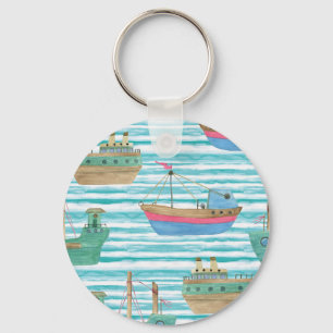 Boats Stripes: Watercolor Painting Pattern. Key Ring