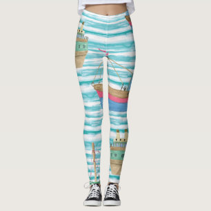 Boats Stripes: Watercolor Painting Pattern. Leggings
