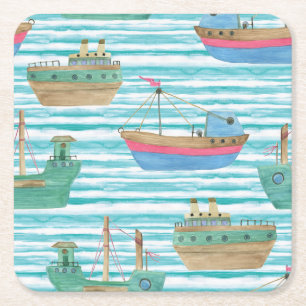 Boats Stripes: Watercolor Painting Pattern. Square Paper Coaster