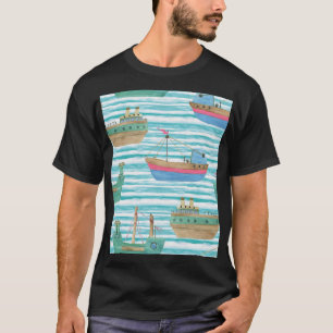 Boats Stripes: Watercolor Painting Pattern. T-Shirt