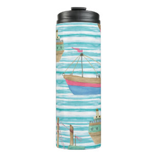 Boats Stripes: Watercolor Painting Pattern. Thermal Tumbler