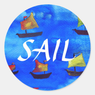 Boats watercolor Blue  Round Sticker, Glossy Classic Round Sticker