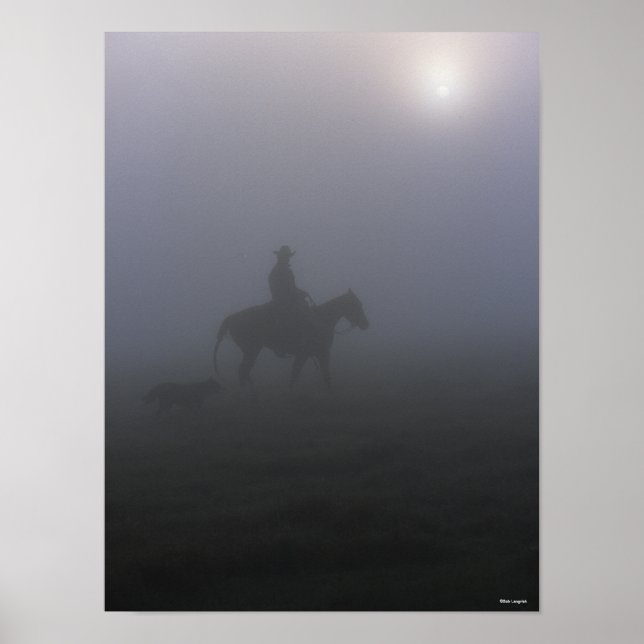Bob Langrish | Cowboy Riding In Mist With Dog Poster (Front)