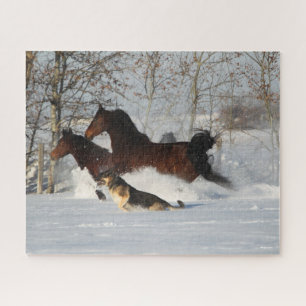 Bob Langrish Two Morgan Horses and Dog In Snow Jigsaw Puzzle