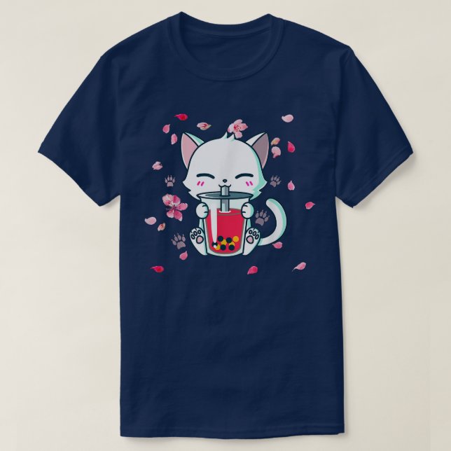 Boba  Boba Cat Drinking Boba Cute Anime Girl Kawai T-Shirt (Design Front)