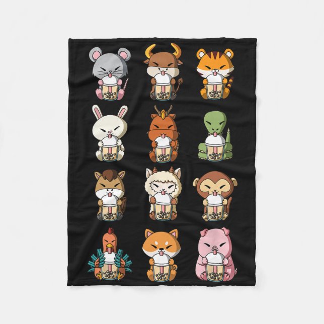 Boba Bubble Milk Tea Chinese Zodiacs Animal Lunar  Fleece Blanket (Front)
