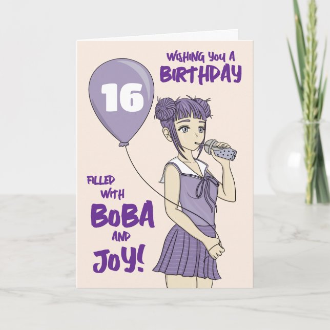Boba Bubble Tea Anime Girl Birthday Card (Front)
