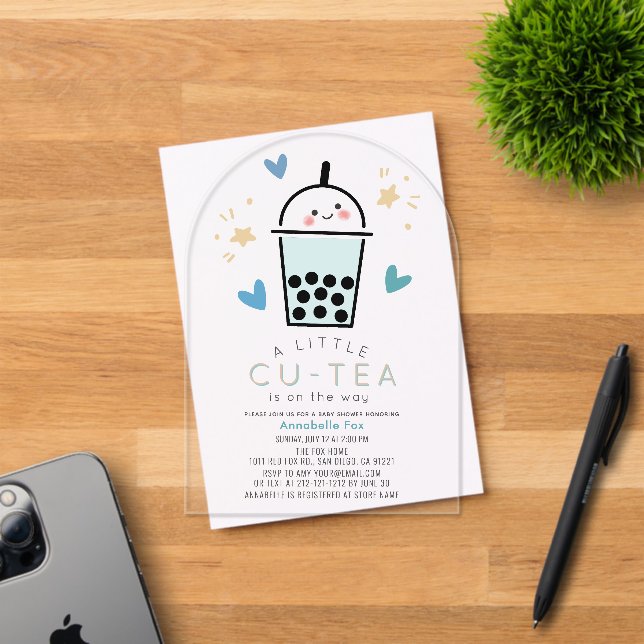 Boba Bubble Tea Blue Boy Baby Shower Acrylic Invitations (Insitu (Invitation Card))