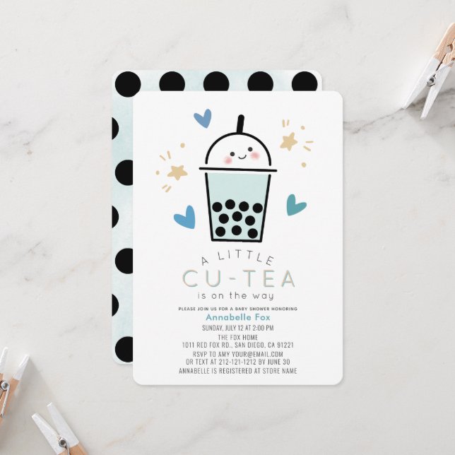 Boba Bubble Tea Blue Boy Baby Shower Invitation (Front/Back In Situ)