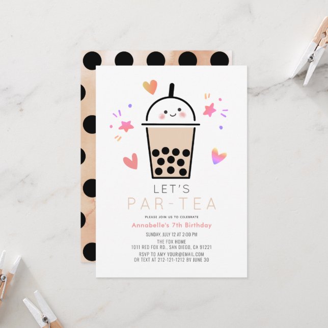 Boba Bubble Tea Party Par-tea Kid's Birthday Invitation (Front/Back In Situ)