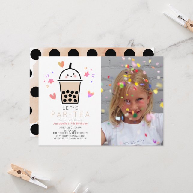 Boba Bubble Tea Party Par-tea Photo Birthday Invitation (Front/Back In Situ)