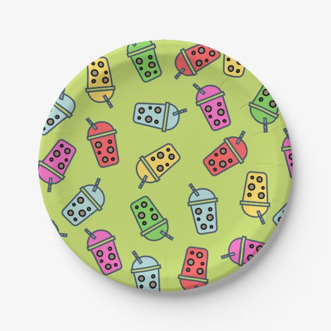 Boba Bubble Tea Pattern Paper Plate (Front)