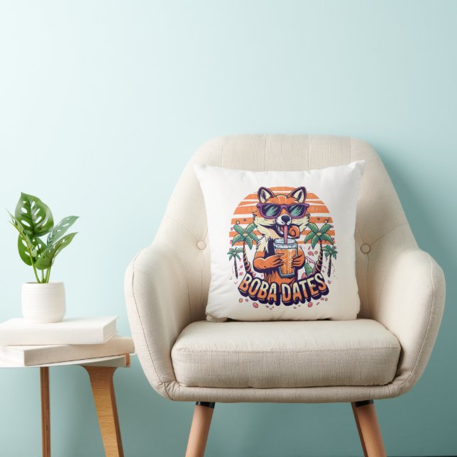 Boba Dates Trendy Cool Fox Drinking Boba Tea Cushion (Chair)