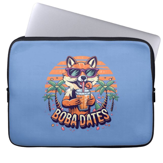 Boba Dates Trendy Cool Fox Drinking Boba Tea Laptop Sleeve (Front)