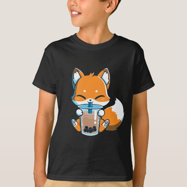 Boba Fox Drinking Cute Kawaii Japanese Foxy Anime T-Shirt (Front)